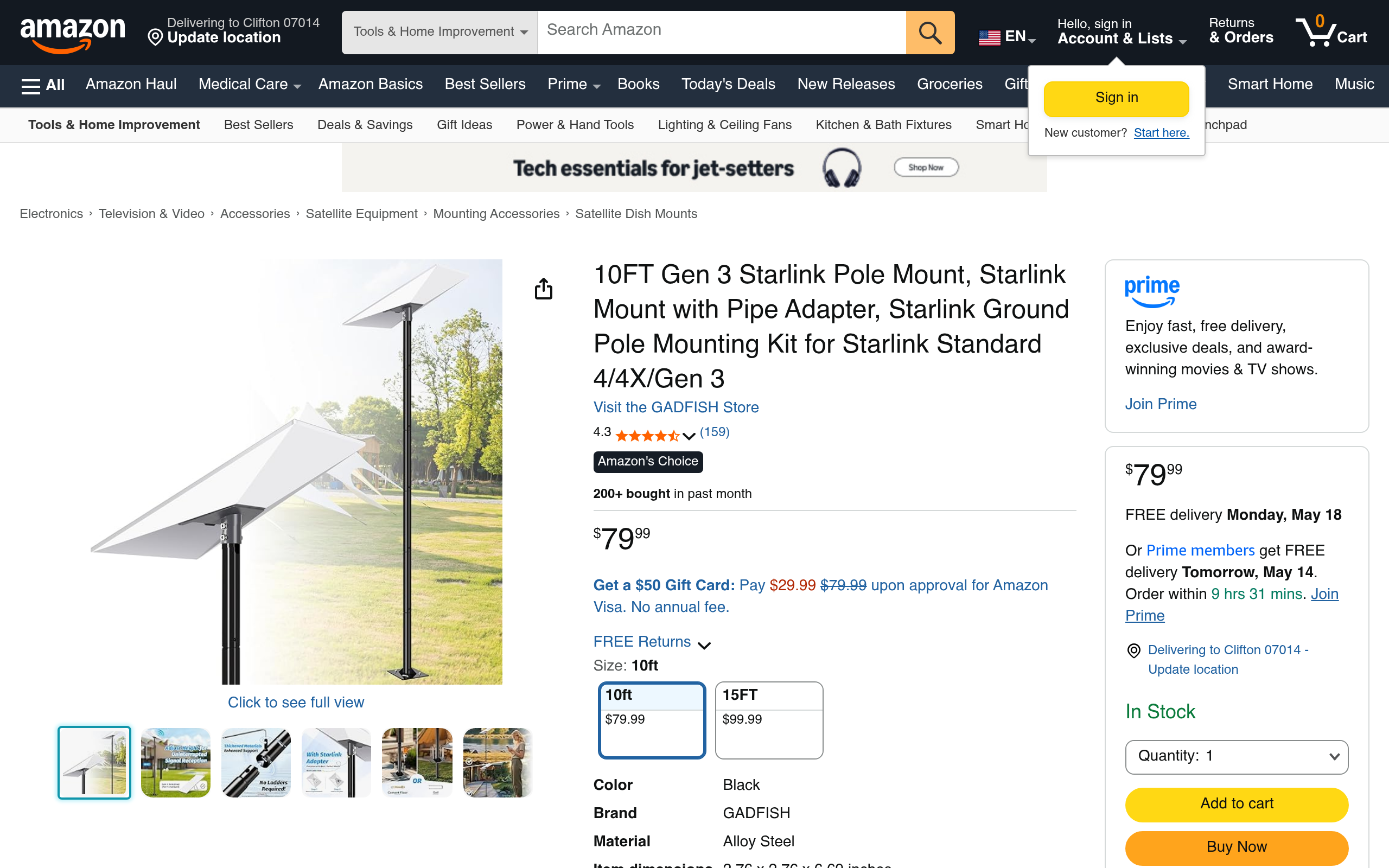 10FT Gen 3 Starlink pole mount